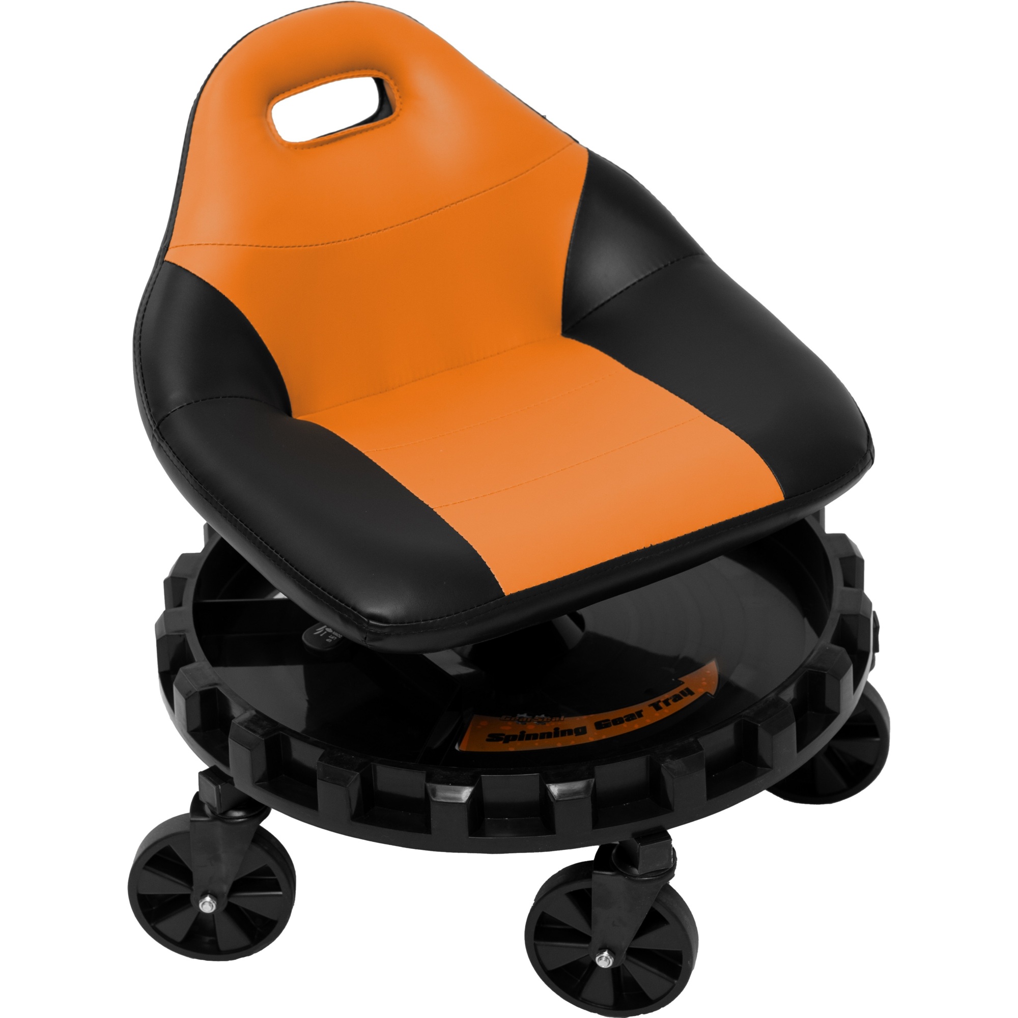 Traxion ProGear Race Seat - Orange, Comfortable for extended periods of time. Built-in handle provides one-handed carrying. Large Gear Tray spins for easy access to tools and parts, Model #2-703